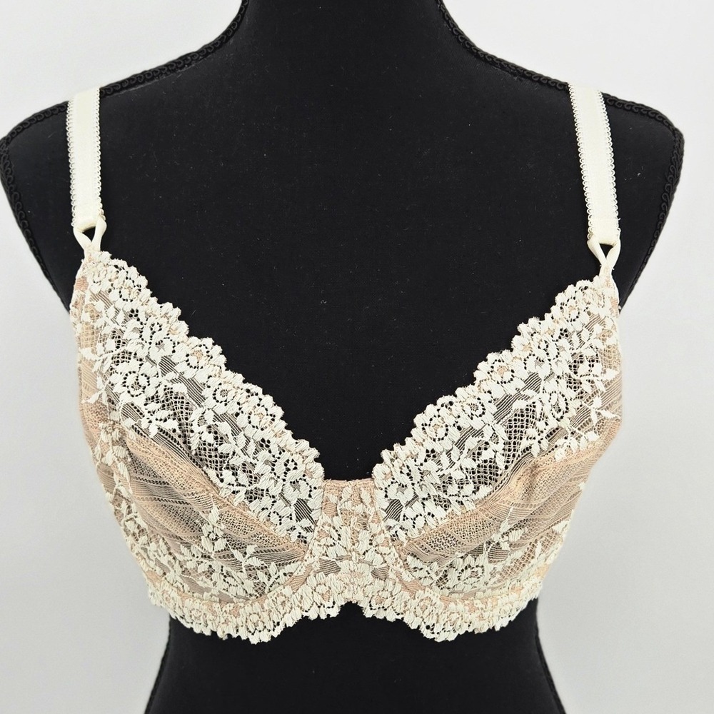Wacoal Embrace Lace Unlined Underwire Bra Sand Ivory Mesh Sheer Shaper 36D EUC